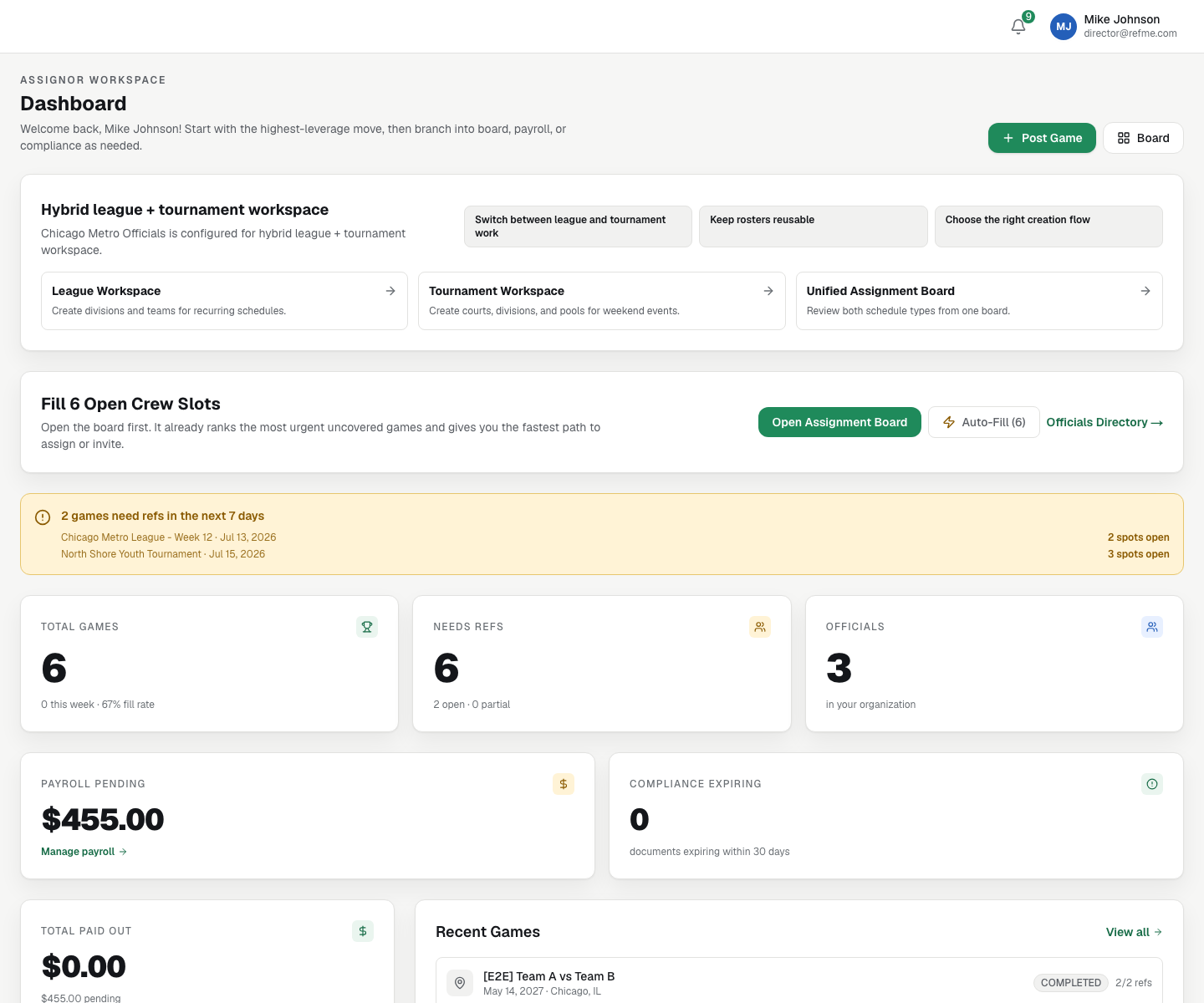 Referee Alliance dashboard showing staffing pressure, games, payroll, and compliance